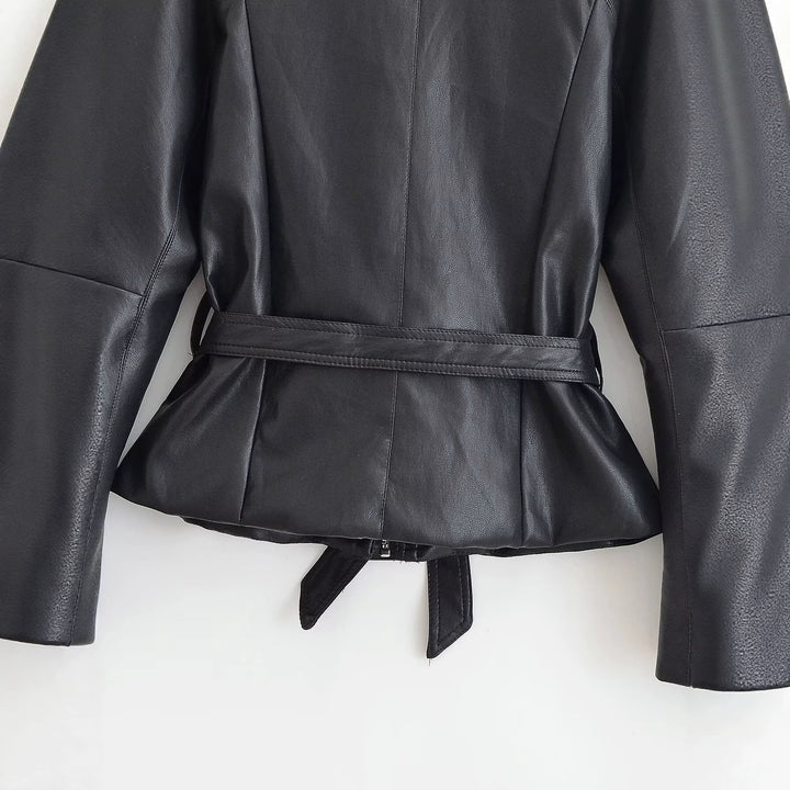 Women Tailored Leather Look Jacket with Tie Belt and Raglan Sleeves