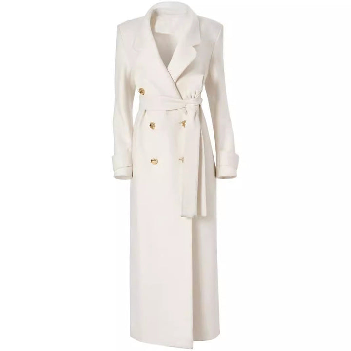 Women Long Double-Breasted Wool Coat with Waist Belt