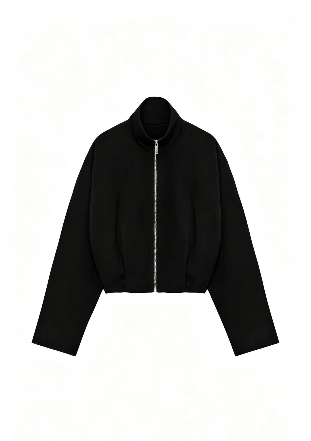 Women Short Boxy Jacket with Stand-up Collar and Visible Metal Zip