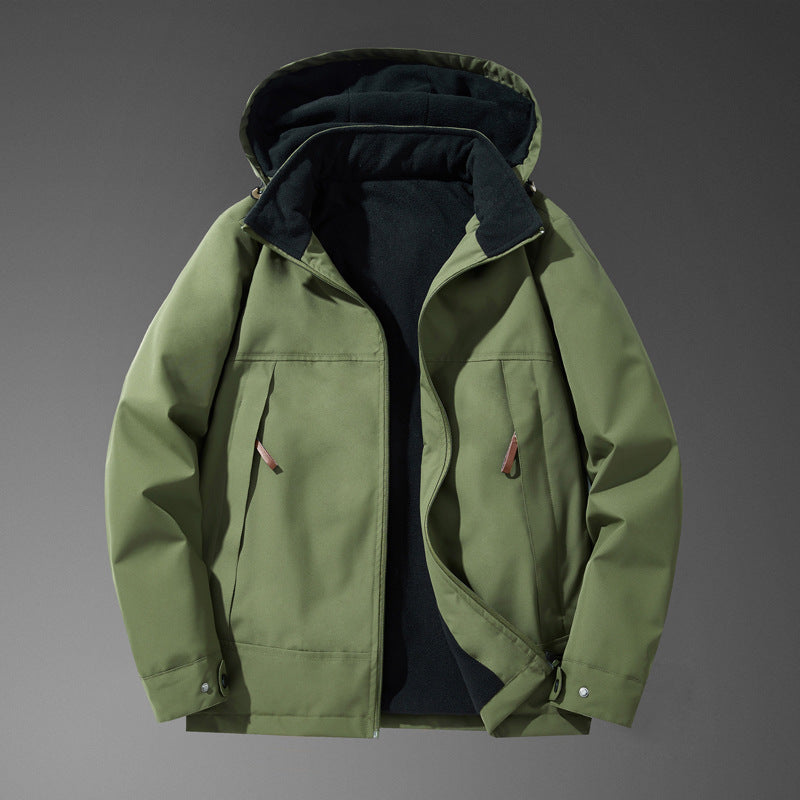 Men Water-resistant Multi-pocket Jacket with Hood and Fleece Lining