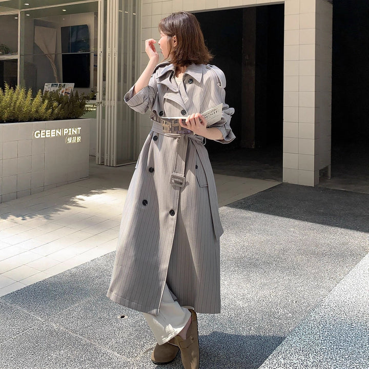 Women Elegant Maxi Long Pinstripe Trench with Shoulder Pads and Gathered Sleeves
