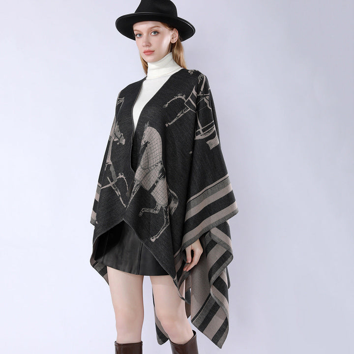 Women Jacquard Poncho Wrap with Horse Motif and Boxy Kimono Silhouette