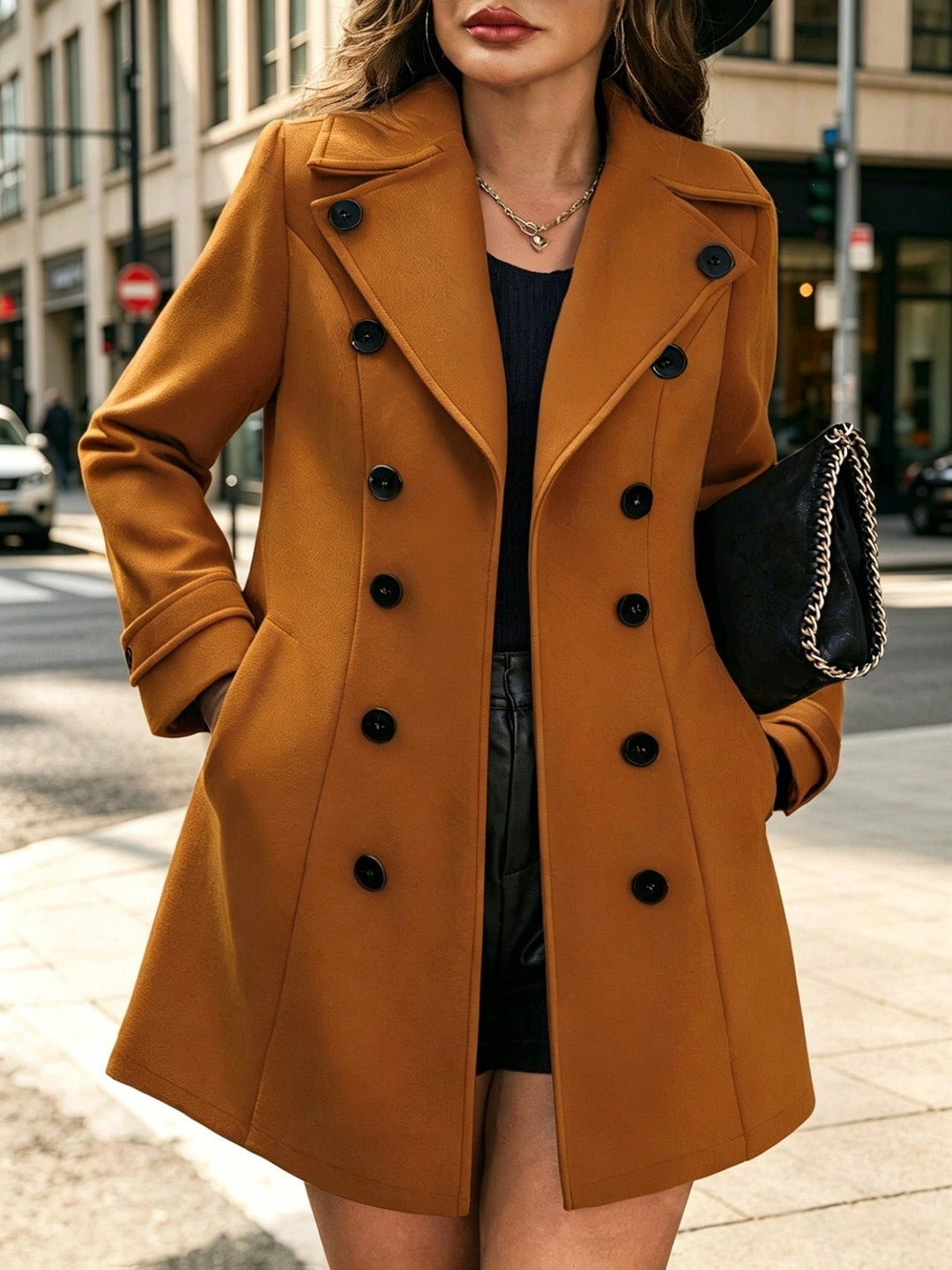 Ladies Elegant tailored trench coat with double-breasted and lapel collar
