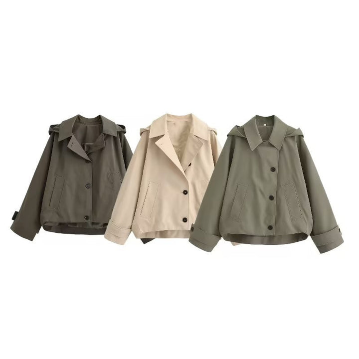 Women Short Oversized Trench Coat with Lapel Collar and Epaulettes