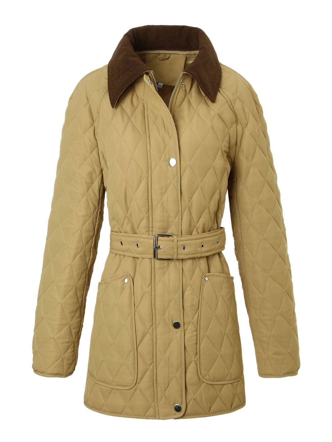 Women Long Padded Jacket-Coat with Tailored Belt and Contrast Cord Collar