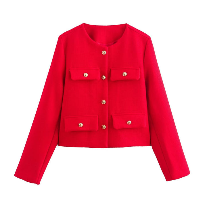 Women Short Boucle Blazer Jacket with Round Neck, Decorative Pocket Flaps, and Gold-Coloured Buttons