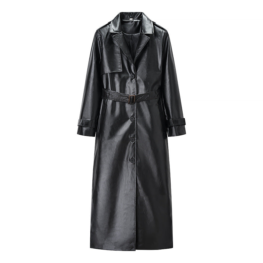 Women Longer Trench Coat in Leather Look with Tie Belt and Epaulettes