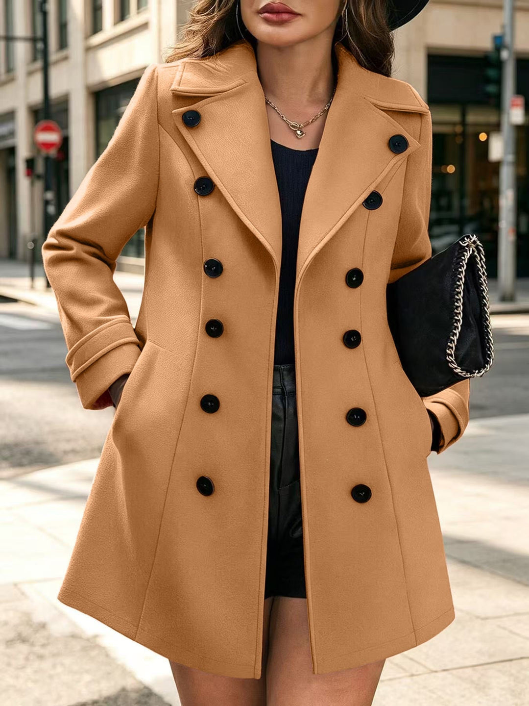 Ladies Elegant tailored trench coat with double-breasted and lapel collar
