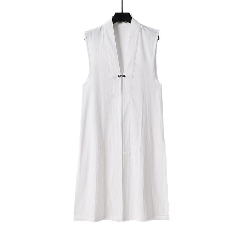 Ladies Long Sleeveless Kimono Vest with Minimalist Lines and Decorative Toggle Closure