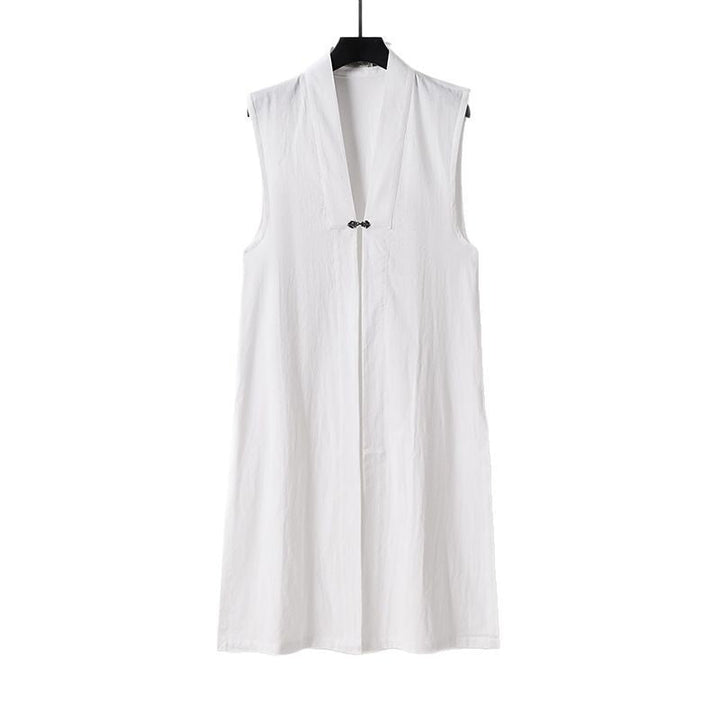 Ladies Long Sleeveless Kimono Vest with Minimalist Lines and Decorative Toggle Closure