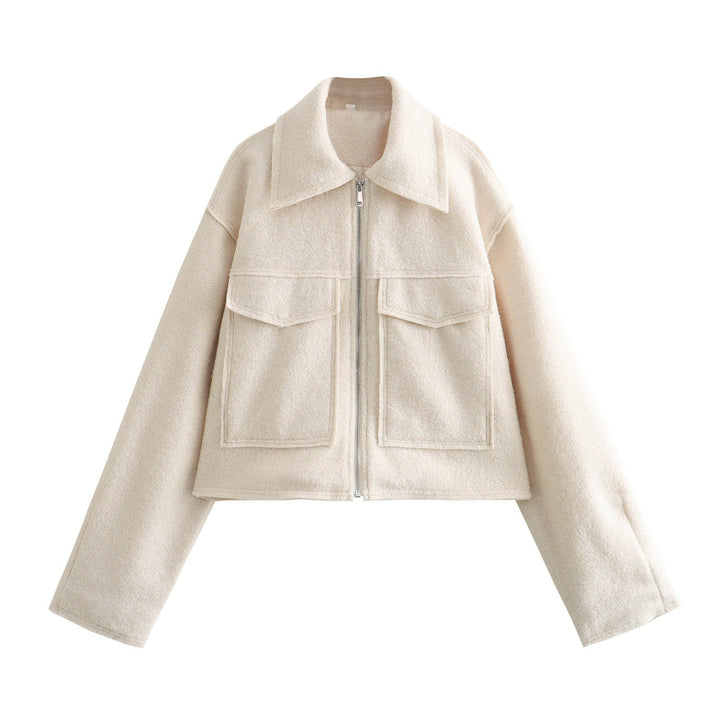 Women Short Boucle Jacket in Boxy Cut with Zip and Flap Pockets