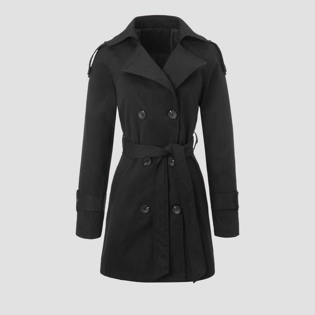 Women Tailored Trench Coat with Tied Belt, Shoulder Tabs and Metal Ring Details