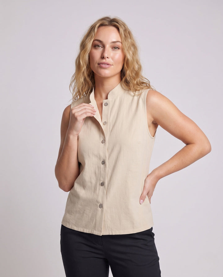 Ladies elegant vest with stand-up collar and decorative buttons