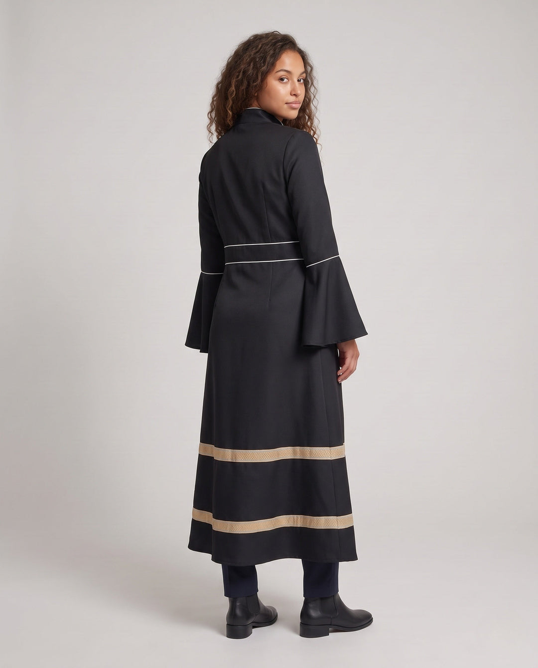 Women Elegant Long Coat with Bell Sleeves and Decorative Hem
