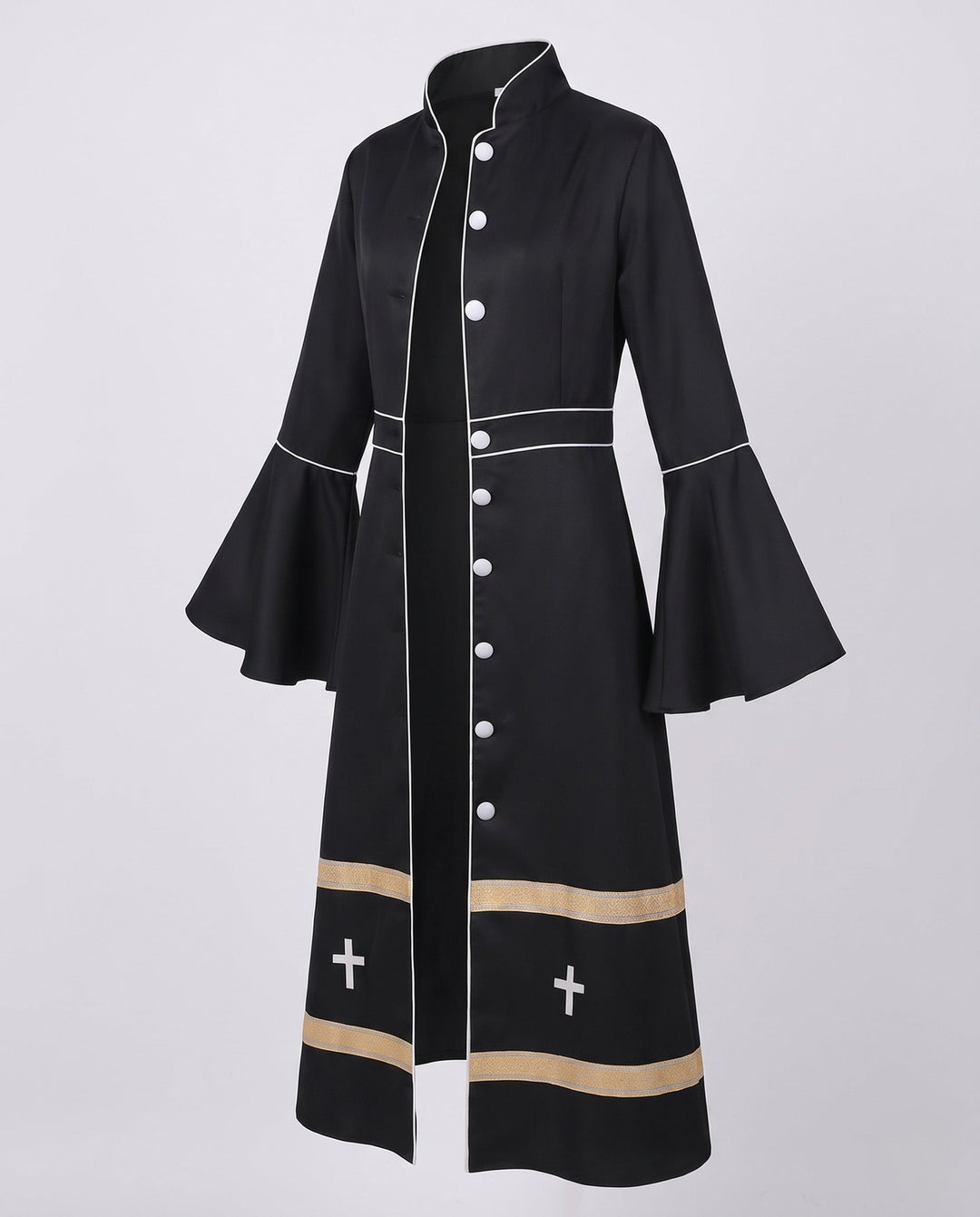 Women Elegant Long Coat with Bell Sleeves and Decorative Hem
