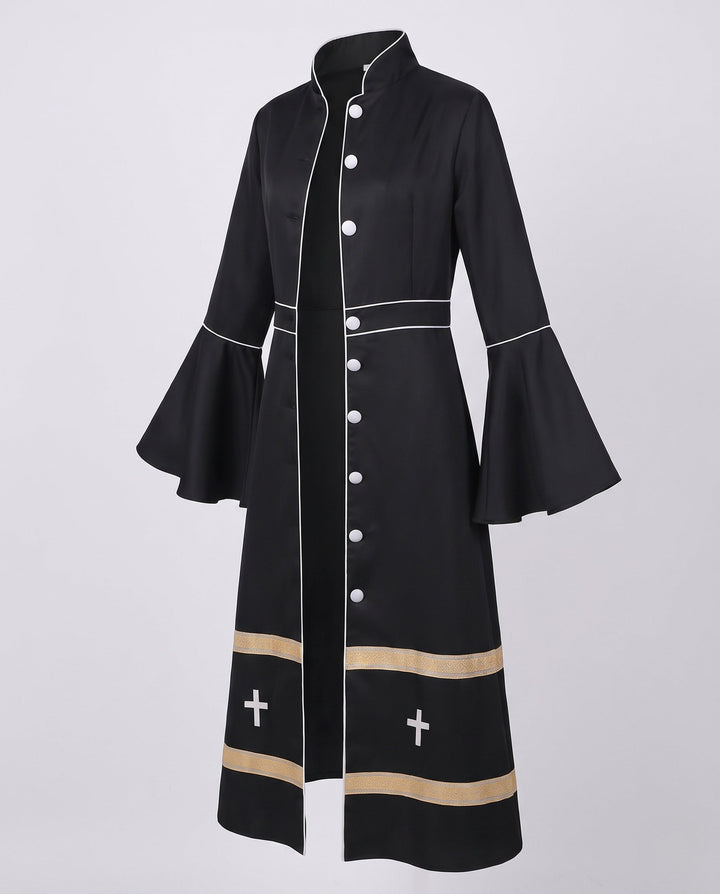 Women Elegant Long Coat with Bell Sleeves and Decorative Hem