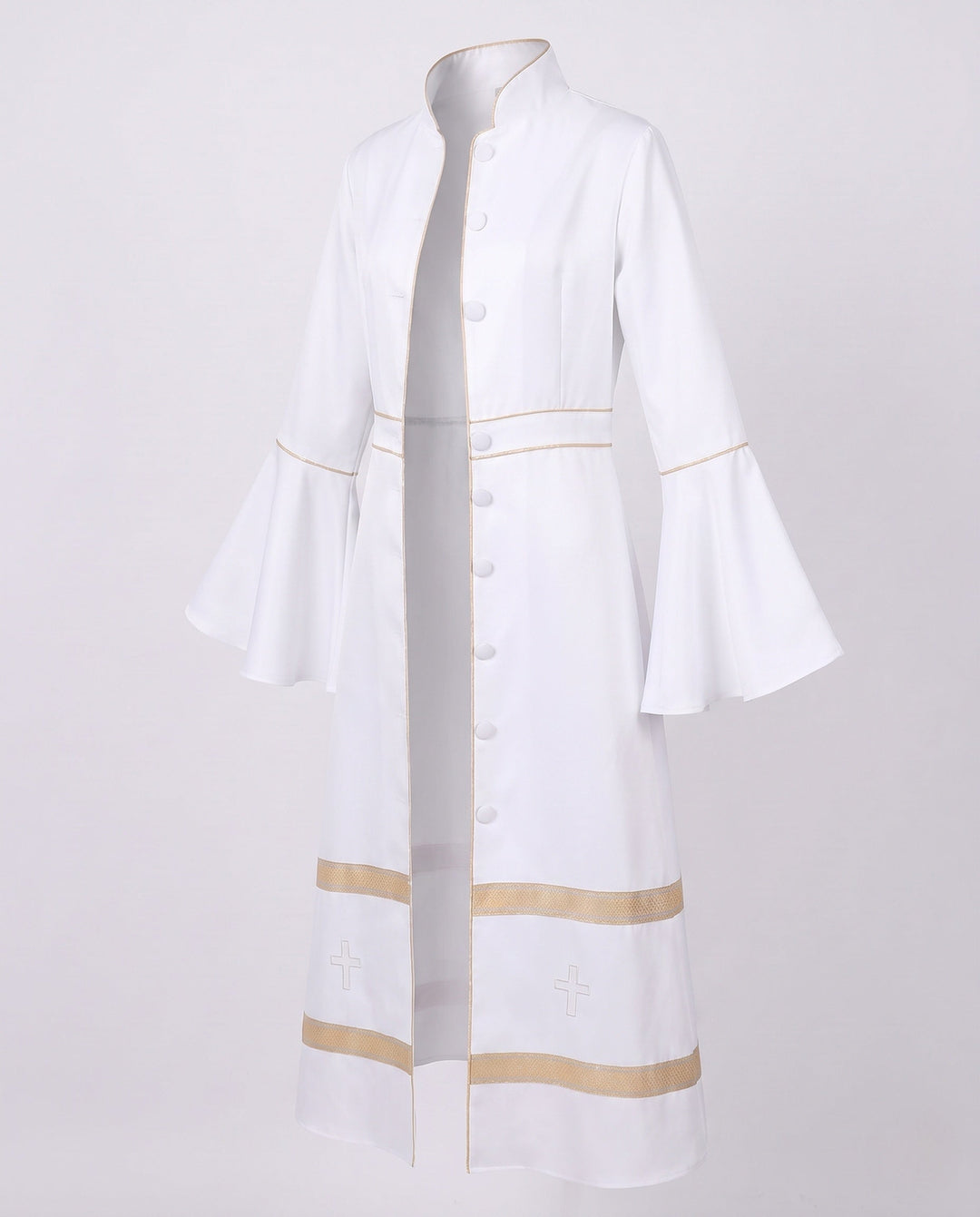 Women Elegant Long Coat with Bell Sleeves and Decorative Hem