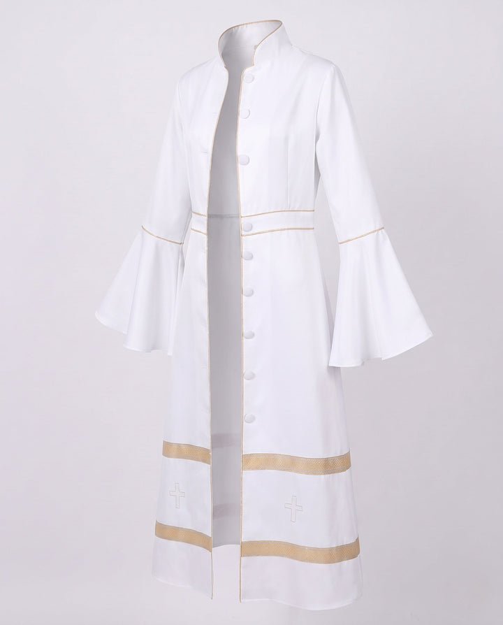 Women Elegant Long Coat with Bell Sleeves and Decorative Hem
