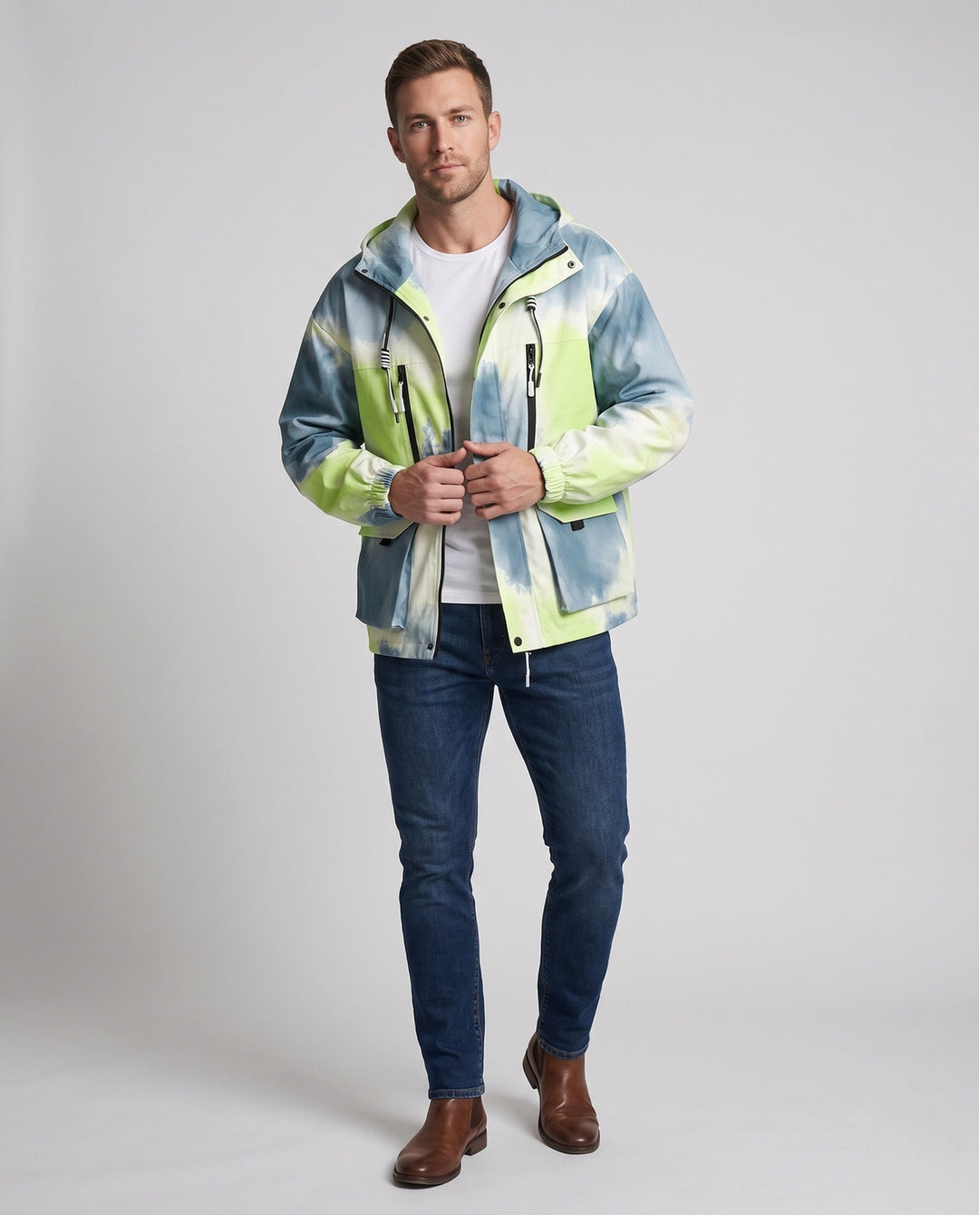 Unisex Lightweight Hooded Utility Transitional Jacket with Gradient, Zip &amp; Multiple Pockets