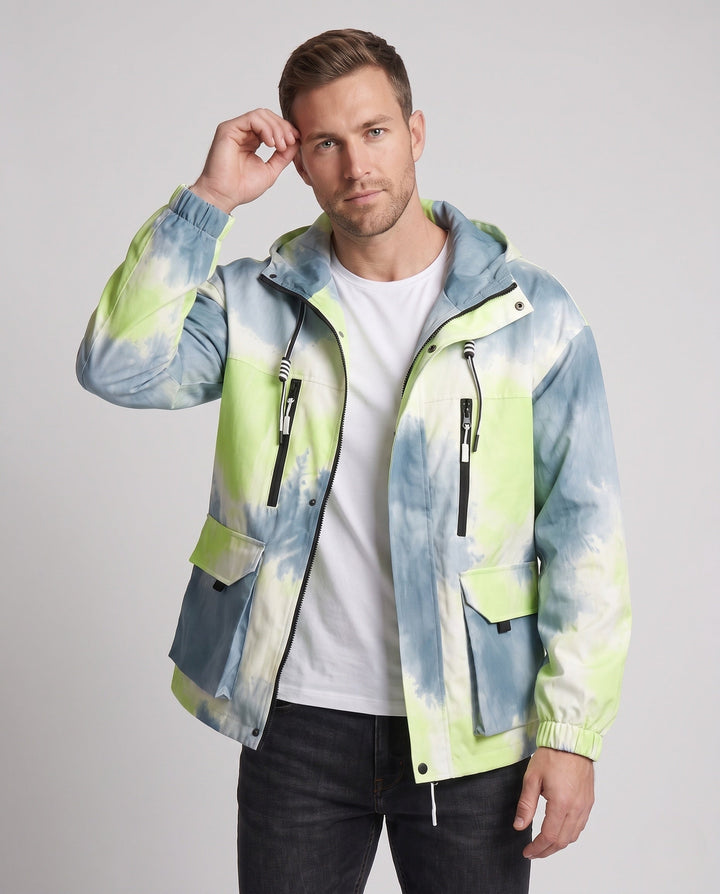 Unisex Lightweight Hooded Utility Transitional Jacket with Gradient, Zip &amp; Multiple Pockets