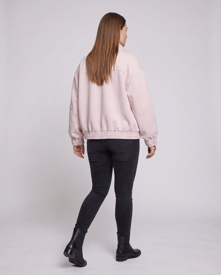 Unisex Oversized Velour-Look Transitional Jacket with Two-Way Metal Zip, Stand Collar &amp; Elastic Hem