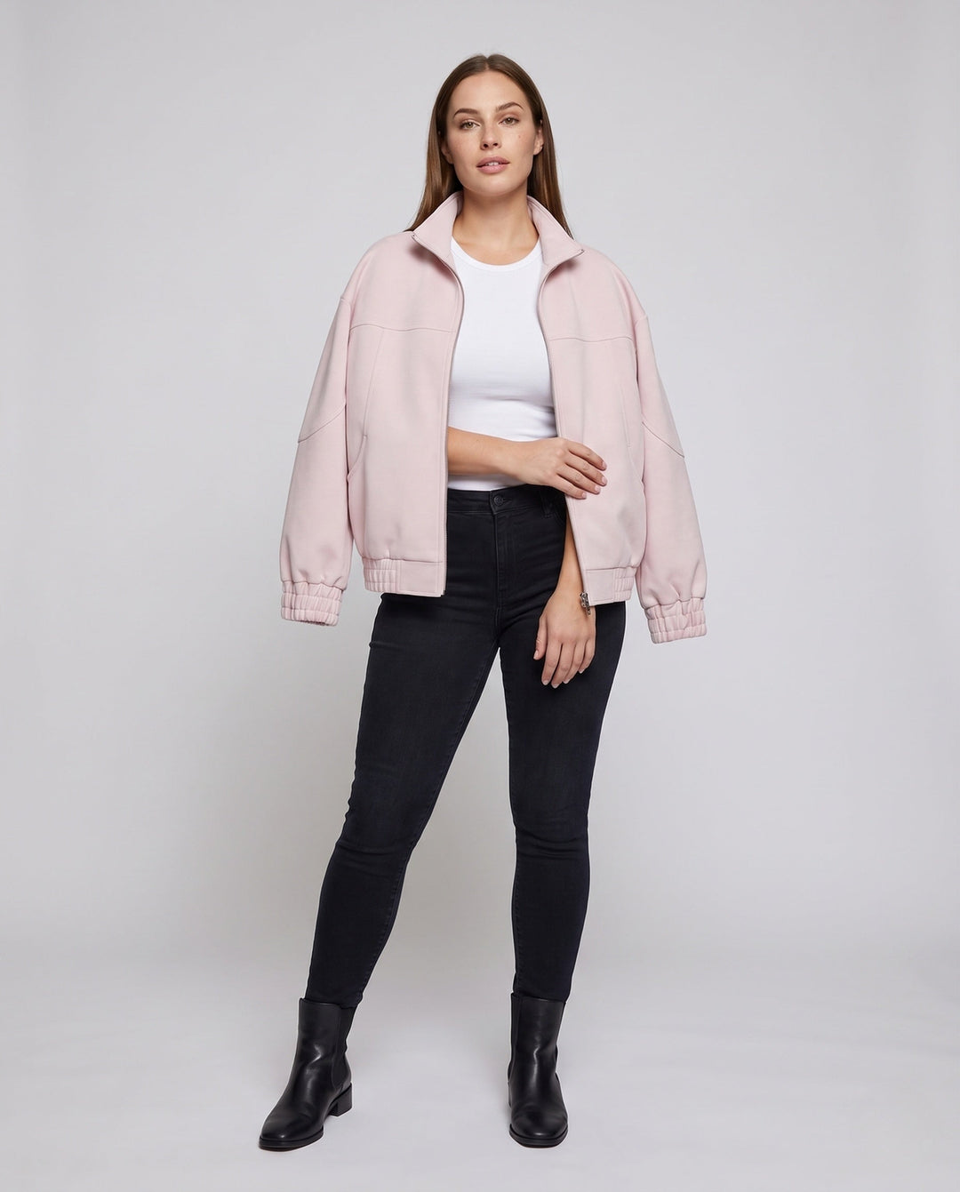 Unisex Oversized Velour-Look Transitional Jacket with Two-Way Metal Zip, Stand Collar &amp; Elastic Hem