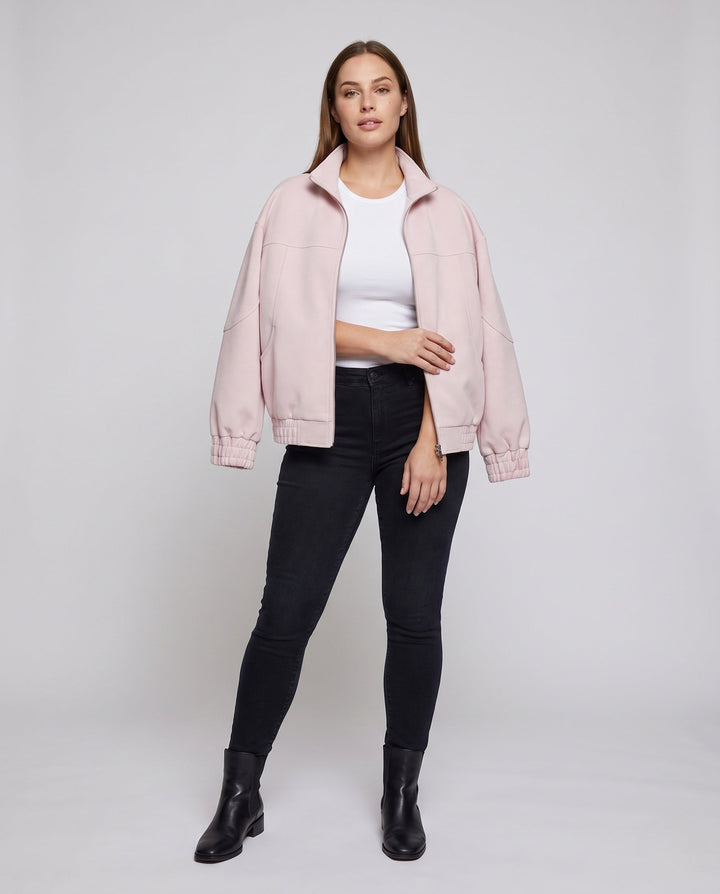 Unisex Oversized Velour-Look Transitional Jacket with Two-Way Metal Zip, Stand Collar &amp; Elastic Hem