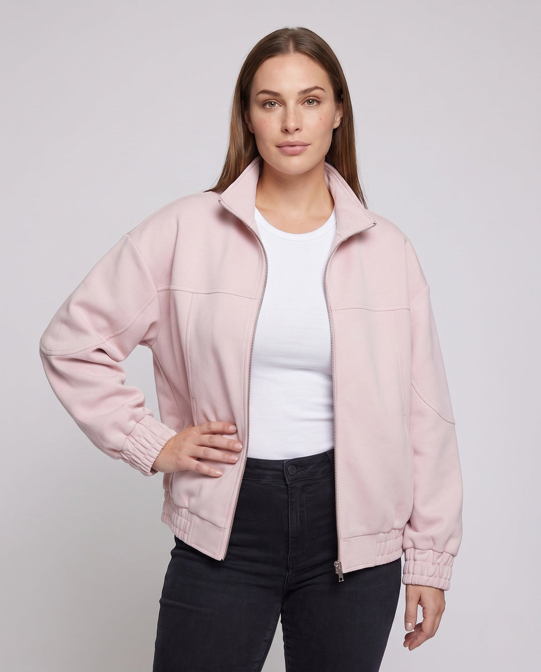 Unisex Oversized Velour-Look Transitional Jacket with Two-Way Metal Zip, Stand Collar &amp; Elastic Hem