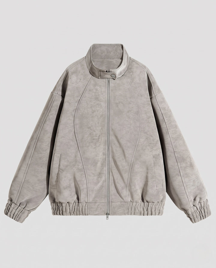 Unisex Oversized Velour-Look Transitional Jacket with Two-Way Metal Zip, Stand Collar &amp; Elastic Hem