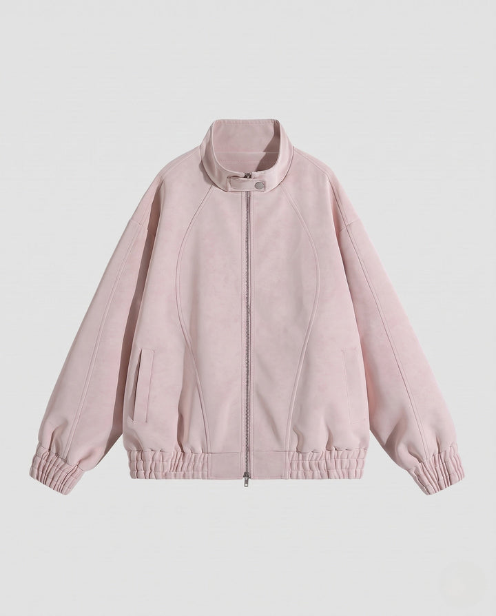 Unisex Oversized Velour-Look Transitional Jacket with Two-Way Metal Zip, Stand Collar &amp; Elastic Hem