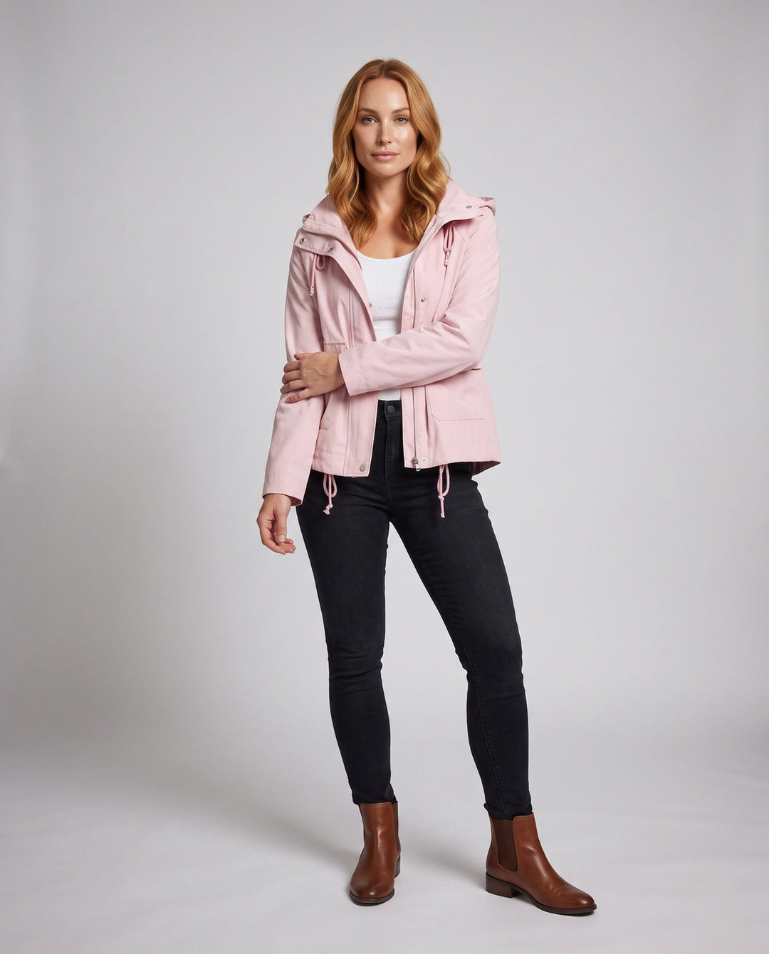 Women’s Hooded Transition Jacket with Drawstring, Flap Pockets, and Loose Boxy Cut