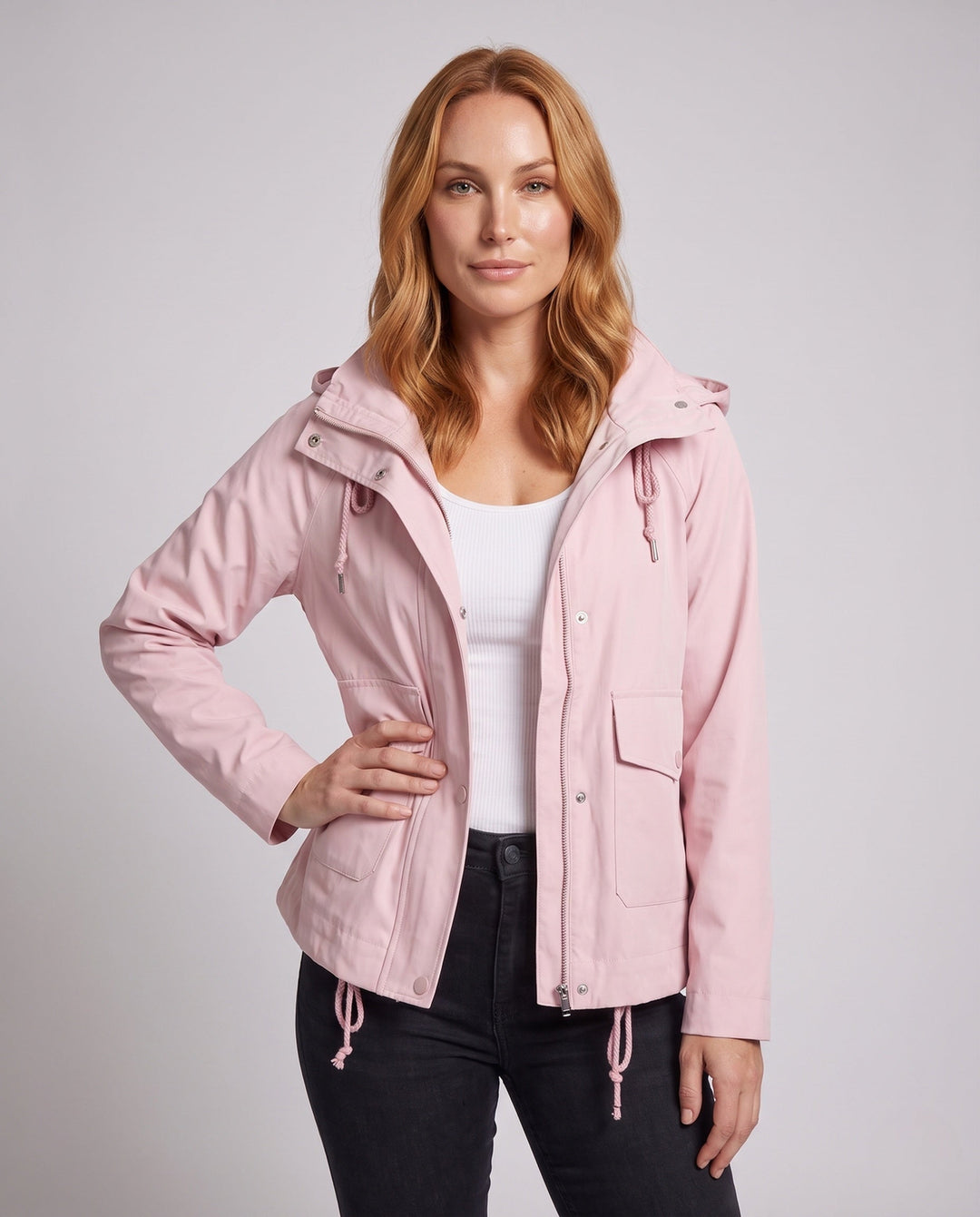 Women’s Hooded Transition Jacket with Drawstring, Flap Pockets, and Loose Boxy Cut