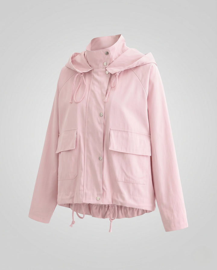 Women’s Hooded Transition Jacket with Drawstring, Flap Pockets, and Loose Boxy Cut