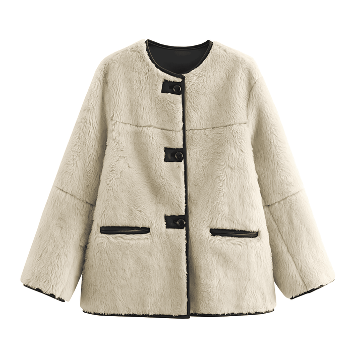 Women's Teddy Jacket with Crew Neck and Contrast Pockets