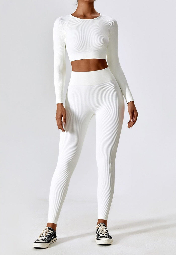 Women's Ribbed Leggings and Crop Top Set Long Sleeve
