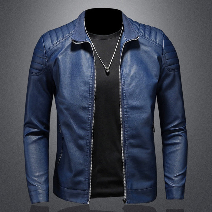 Men's Quilted Leather Jacket with Zip Front and Collar
