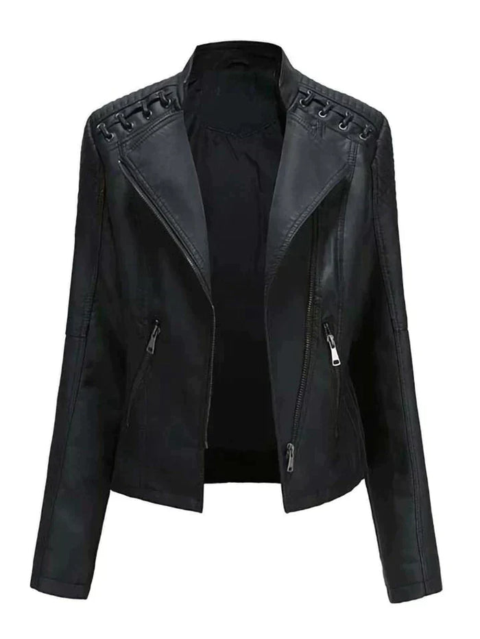 Women's Black Biker Jacket with Lace-Up Shoulders