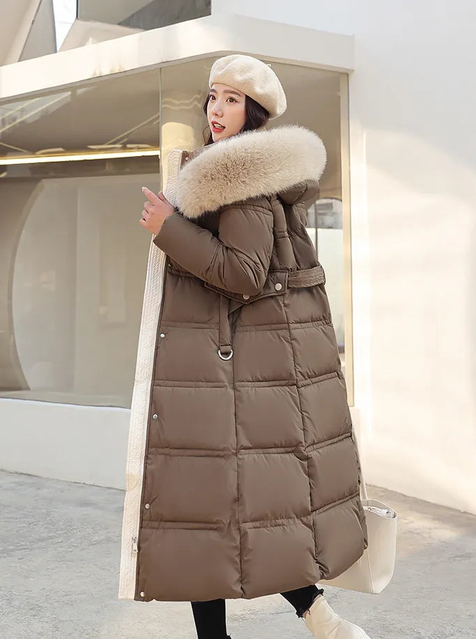 Long jacket winter Puffer design faux Fur hood Tailored Belt warm and insulating