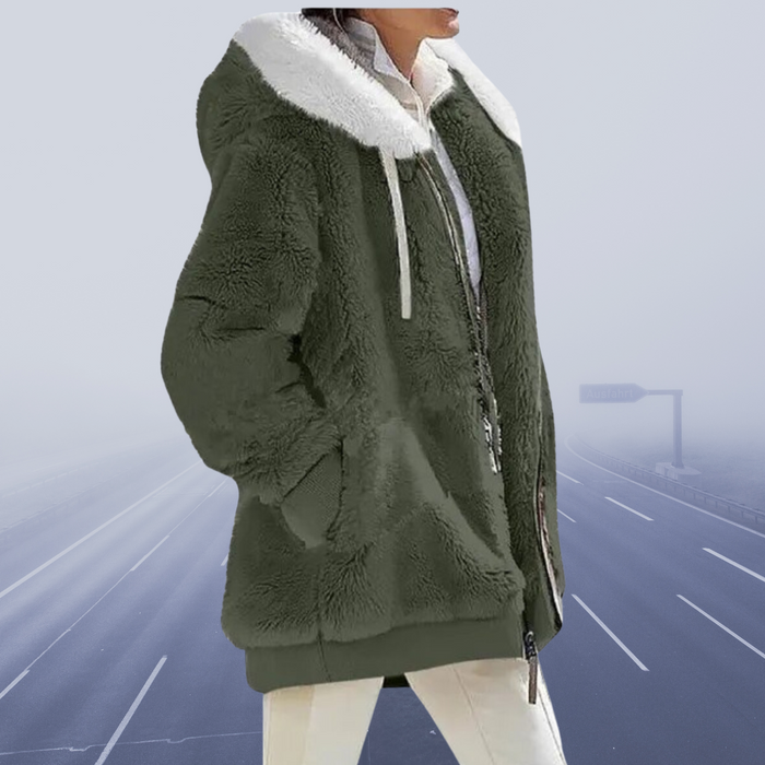 Women's Oversized Teddy Jacket with Hood and Zip Closure