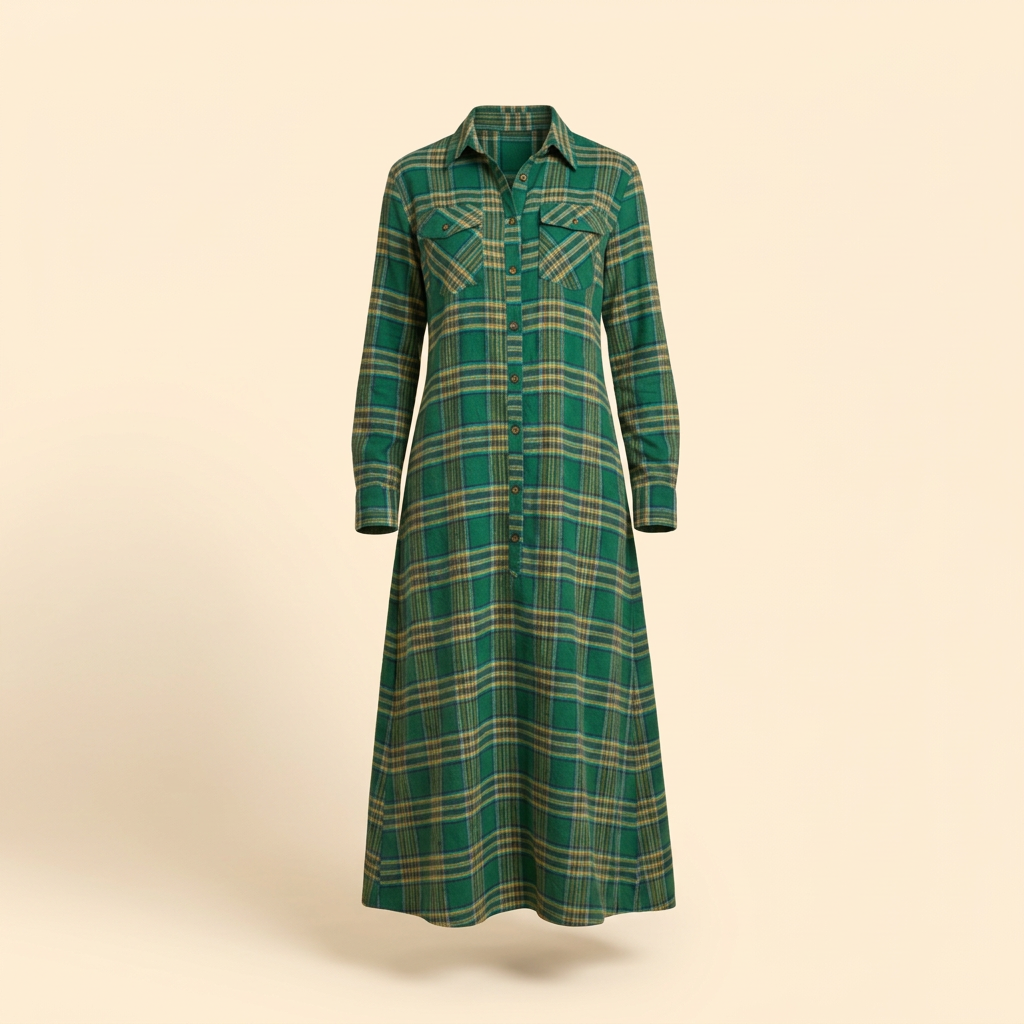 Women's Checkered Maxi Dress with Button-Down Front and Side Pockets