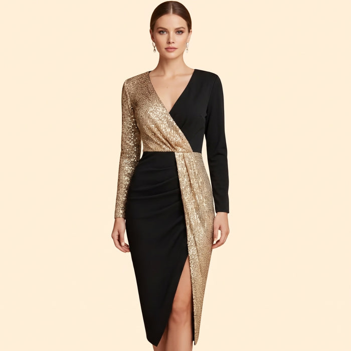 Women's Gold Sequin Wrap Dress with Long Sleeves