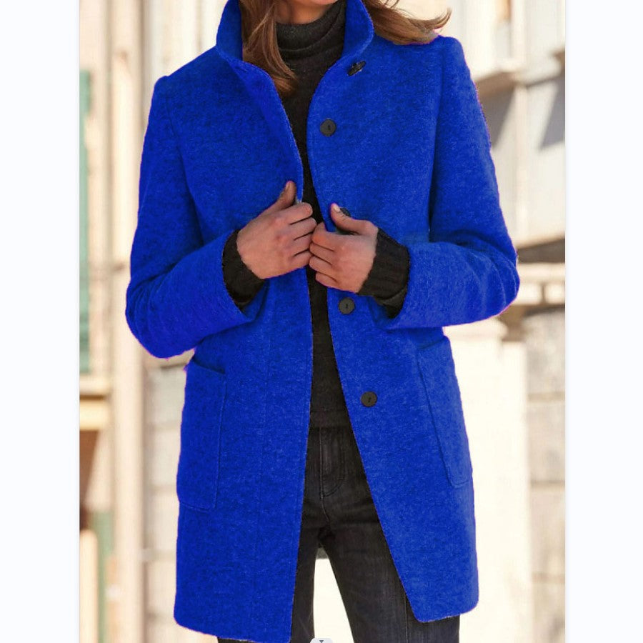 Woman wearing stand collar wool-look coat