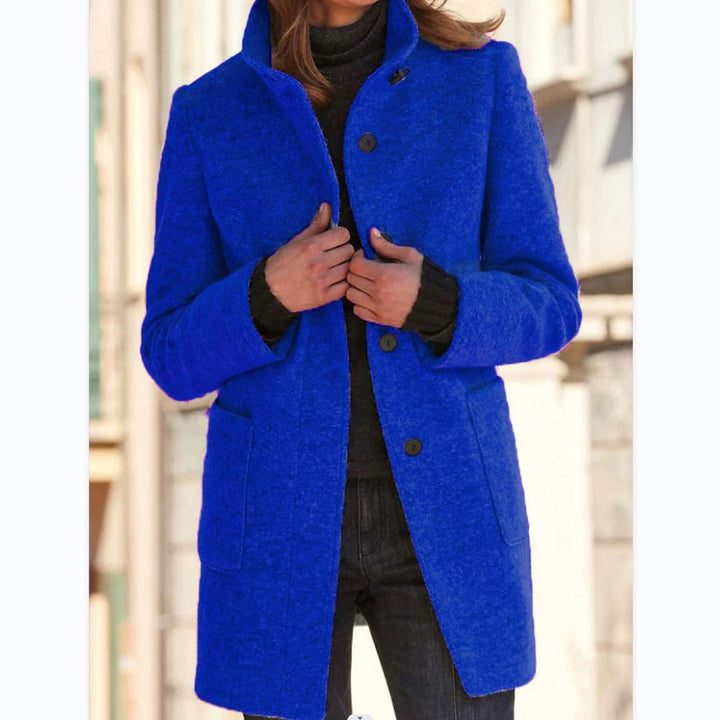 Woman wearing stand collar wool-look coat