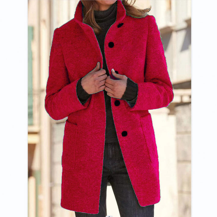 Woman wearing stand collar wool-look coat