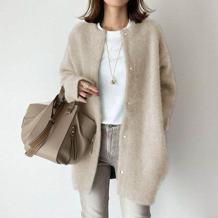 Woman in long fuzzy knit cardigan