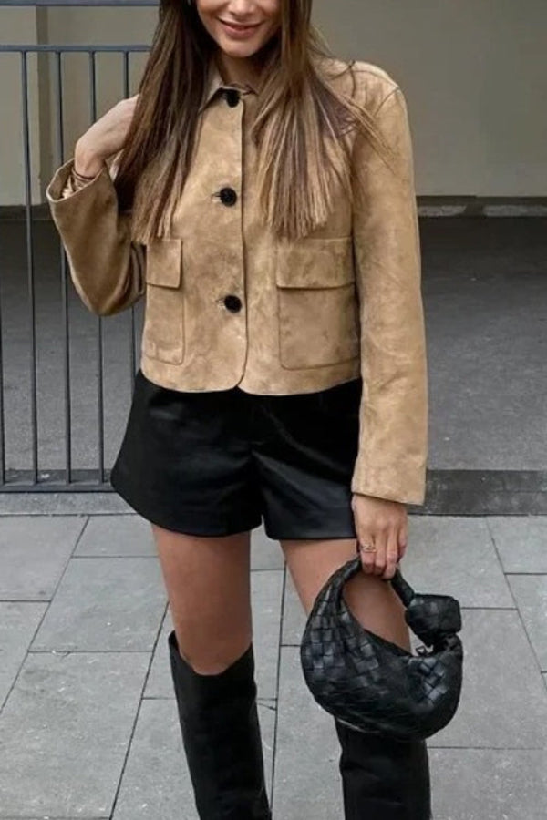 Button closure pocket faux suede Crop jacket
