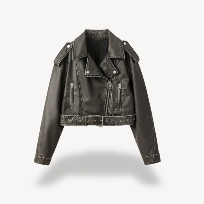Women's Cropped Biker Jacket with Notch Lapels
