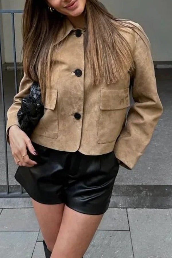 Button closure pocket faux suede Crop jacket