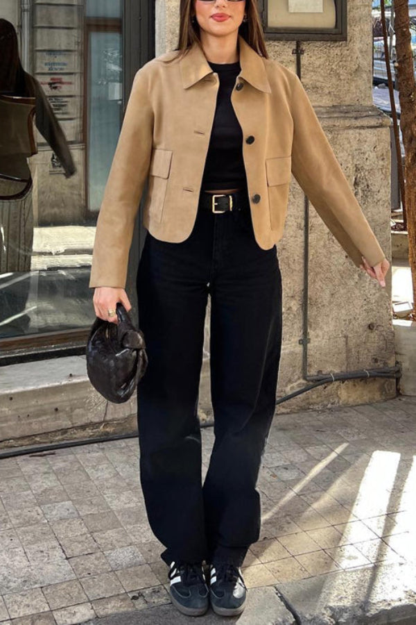 Button closure pocket faux suede Crop jacket