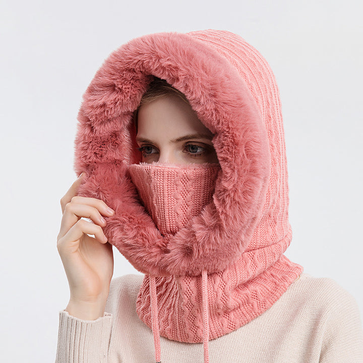 Knitted hood with faux fur trim